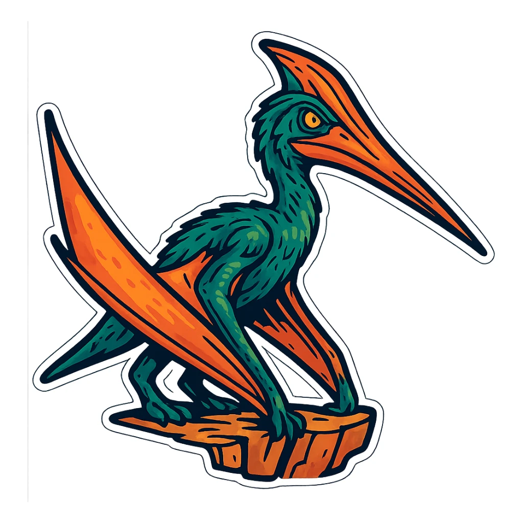 Convert the image to a sticker style with bold outlines and vibrant colors. Keep only the Quetzalcoatlus dinosaur and remove the background. The style should resemble cartoonish stickers with a clean and bold look. sticker