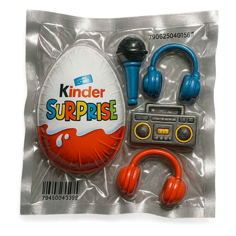 Kinder Surprise egg with standard wrapper next to toys: microphone, boombox, headphones, glossy vacuum-sealed style sticker