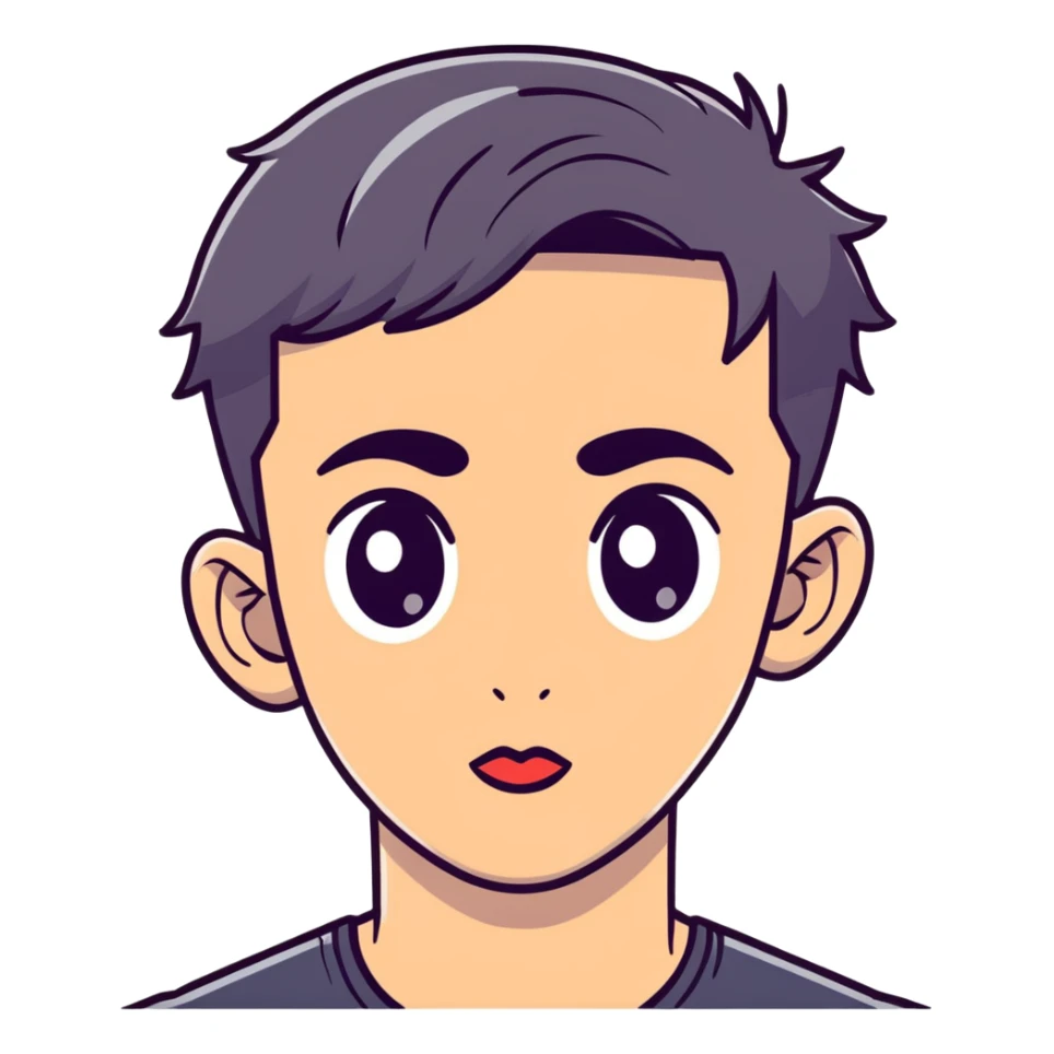 young man with modern black haircut, big eyes, medium lips, big eyebrows sticker