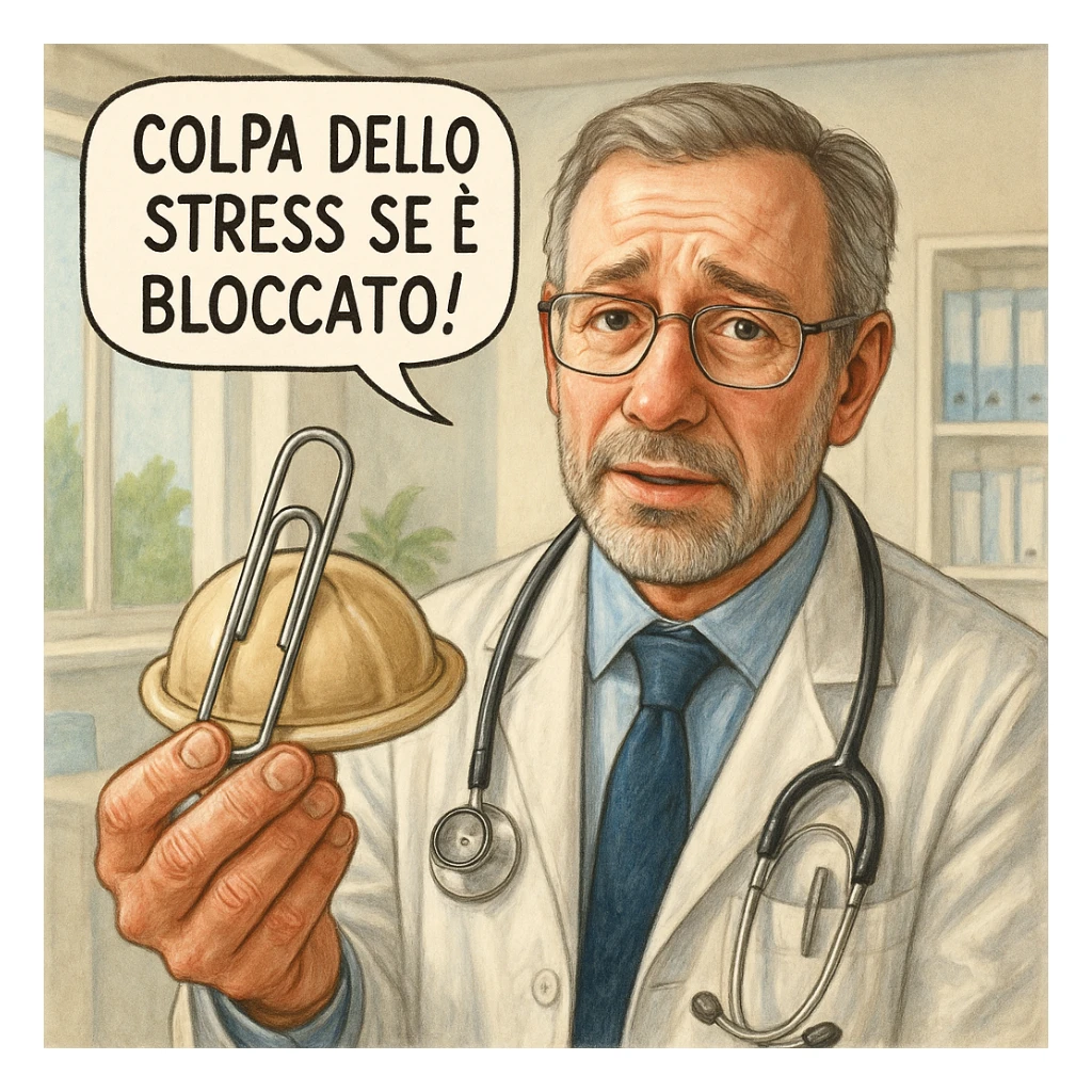 hyper realistic doctor showing a diaphragm locked with a large paperclip, empathetic expression, comic with the phrase 'Colpa dello stress se è bloccato!', realistic details, bright medical office sticker