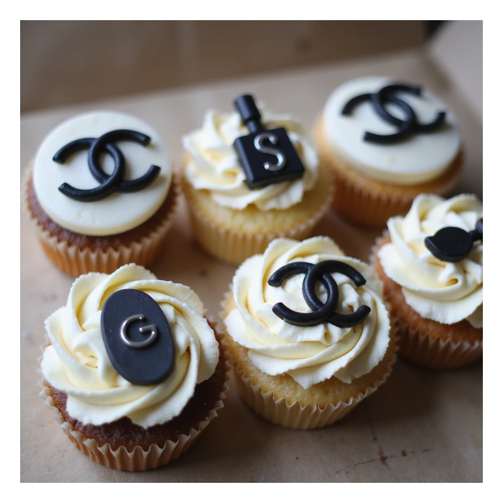 photorealistic Chanel-themed cupcake set, each with a different edible logo or accessory, no background sticker