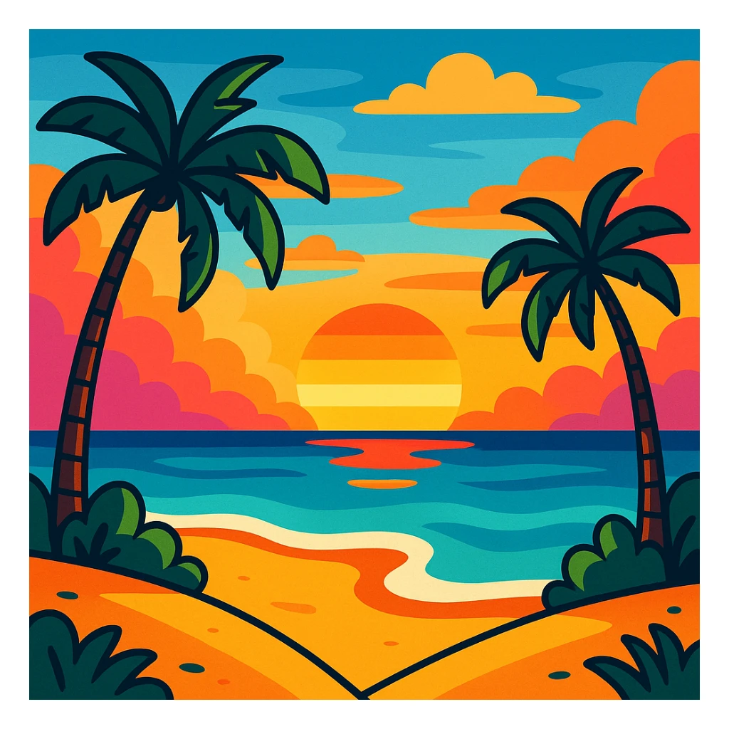 Summer landscape with a beach, palm trees, and a sunset, vibrant and colorful sticker