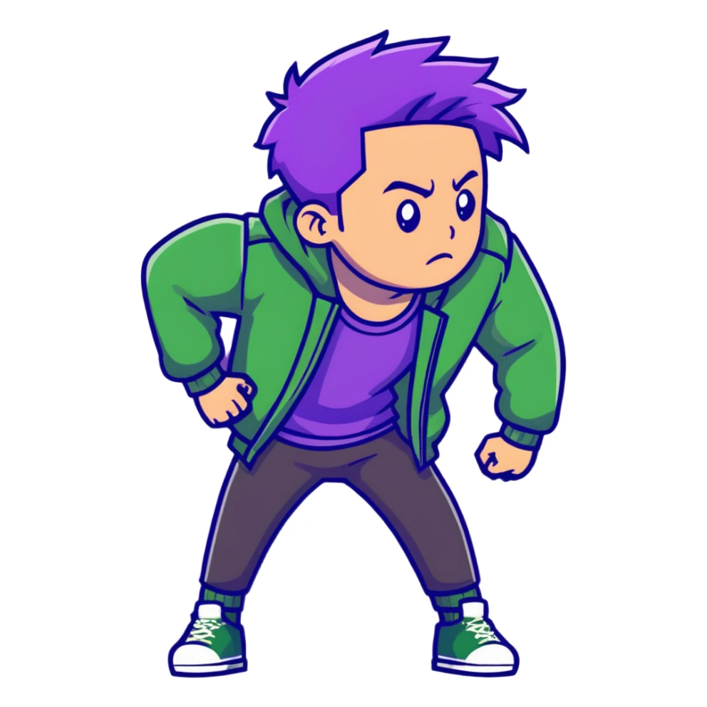 Fashionable man with purple hair and green jacket, bold expression, powerful pose inspired by Thanos sticker