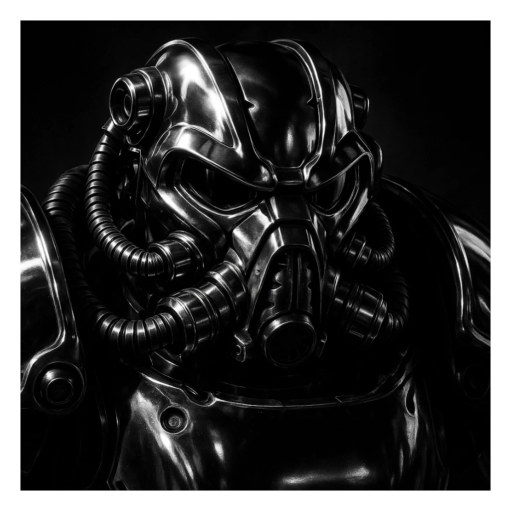 X-01 power armor, close-up helmet, shiny chrome, sci-fi, bold shadows sticker