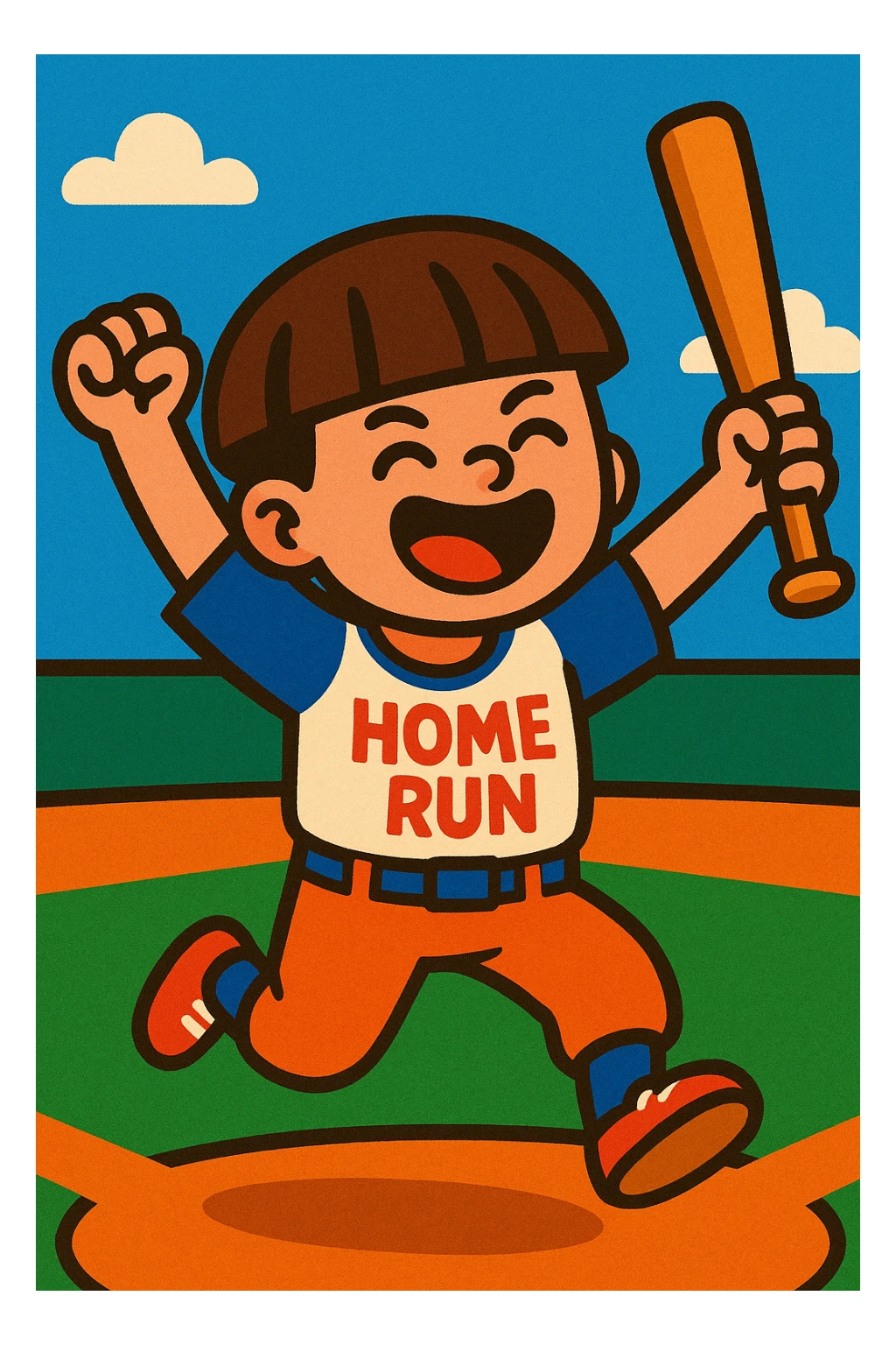 A bowl cut boy celebrating after hitting a home run in baseball, arms raised, bat in hand, joyful expression, vibrant cartoon style sticker