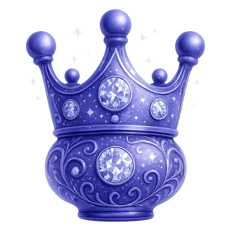 Edit this crown to become a small, ultra-luxurious elixir bottle: keep the crown shape and color #7986cb, bottom transitions into a bottle/flask, add intricate silver and holographic details, maximum magical shine and sparkles, very small neck, seamless bottom, floating, transparent background, no base or shadow, modern, collection style. Style: modern luxury collection, transparent background, floating, intricate silver and holographic details, maximum magical shine and sparkles. sticker