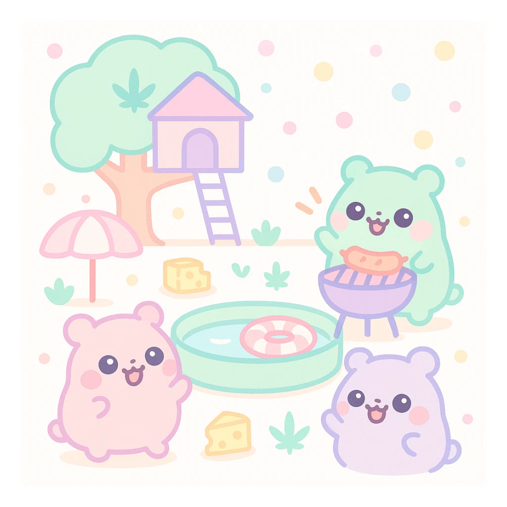 Discord server icon, square format, summer pool cookout with up to 3 kawaii hamsters laughing and having a good time, weed leaves, cheese, THC theme, no disco ball, no Discord logo, near a treehouse, possibly in space, soft colorful palette, nostalgic, fun, inviting, summer party vibe, clear composition sticker