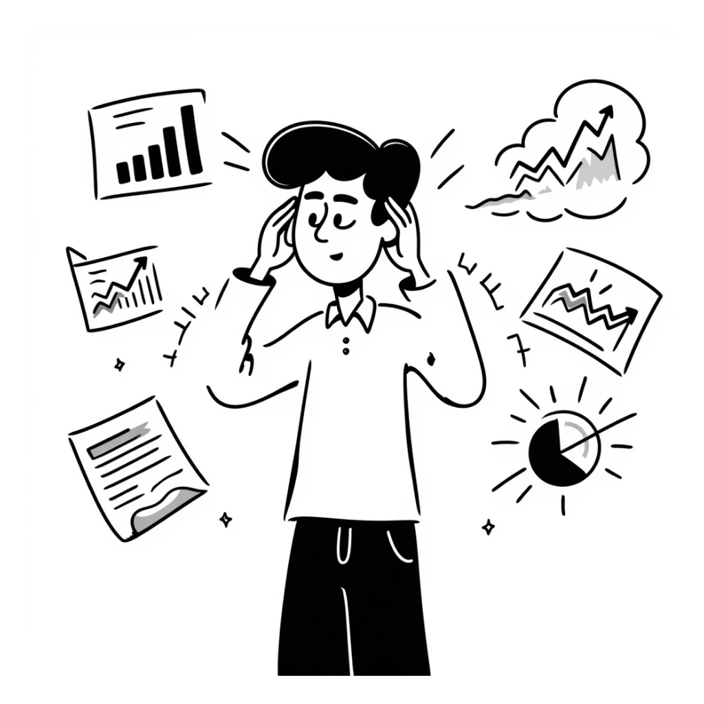 tired marketer rubbing temples surrounded by charts in a hand-drawn doodle style sticker