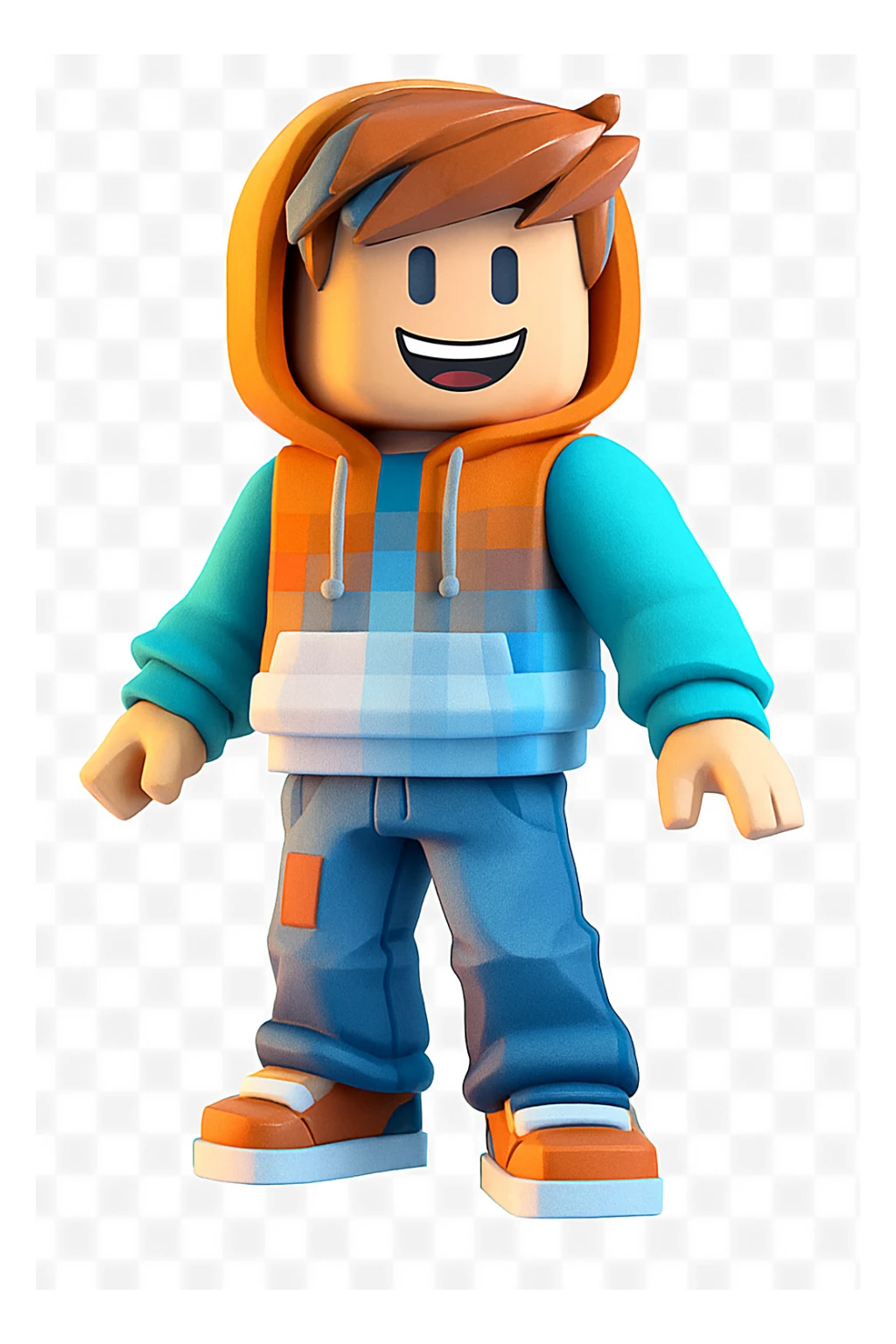 Edit the character in the reference image to have a happy expression, keeping the original Roblox style, outfit, and face color exactly as in the reference image. sticker