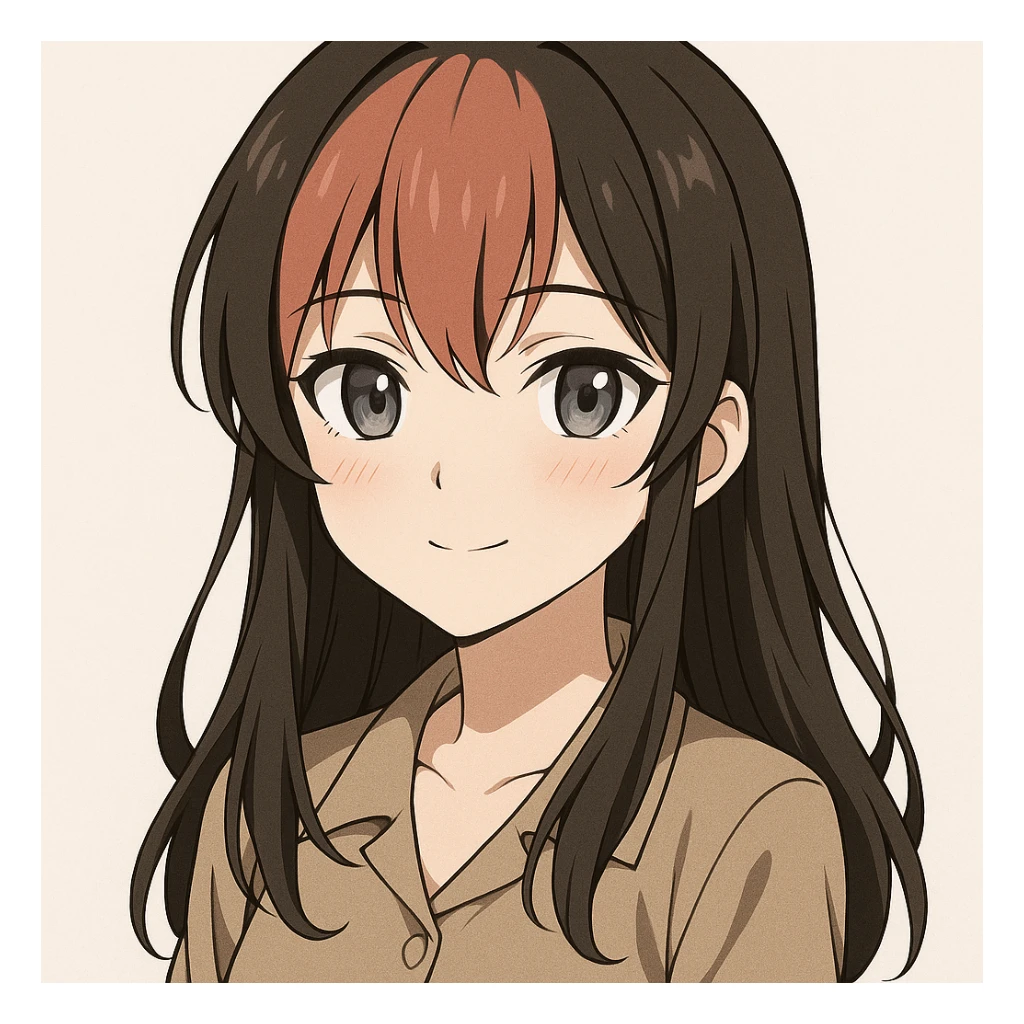 anime character, brunette hair, grey eyes, salmon red bangs, head and shoulders, subtle blush sticker