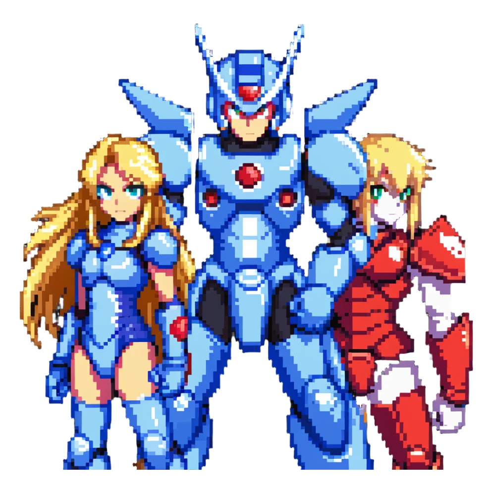 Megaman X in blue armor, Zero with long blonde hair and red armor, and Sigma with a scar, as friends posing together sticker