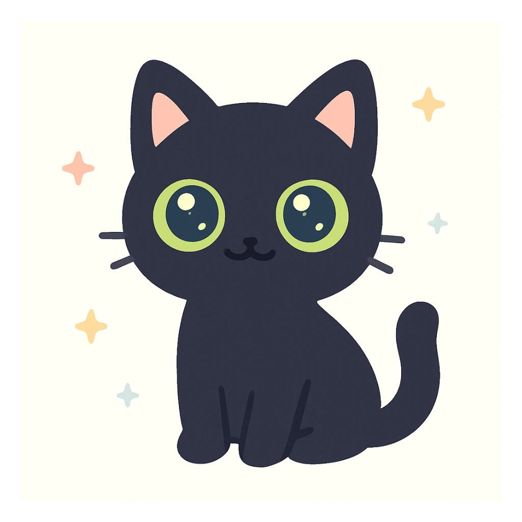 a single all-black cat with green eyes, stylized and cute sticker