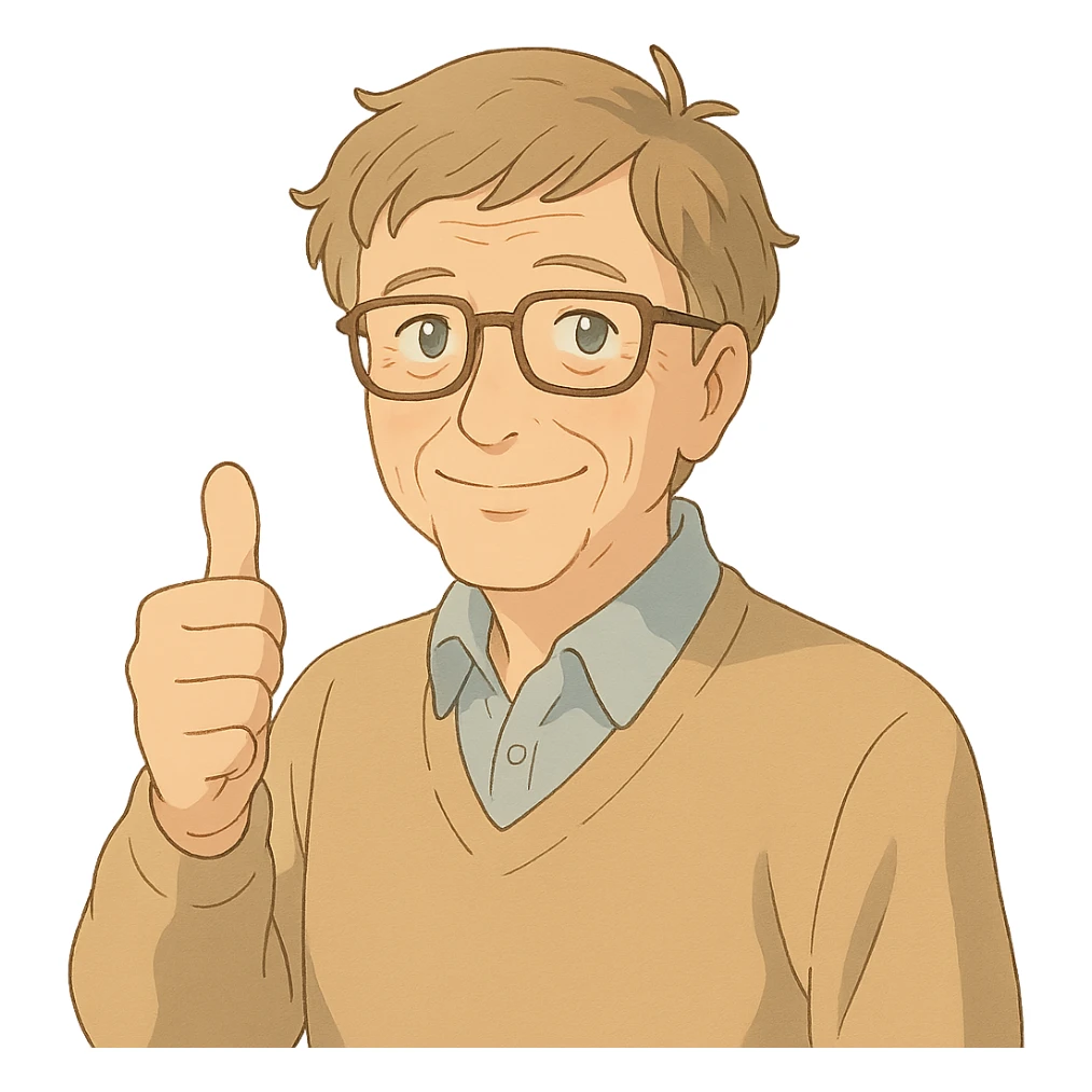 Bill Gates giving a thumbs up, warm and inviting, soft colors, ghibli style sticker
