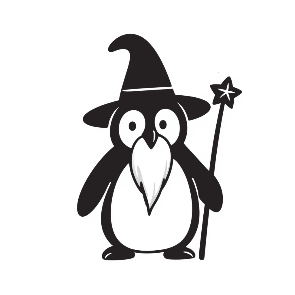 A penguin wizard with a long white beard, tall wizard hat, and magic staff sticker