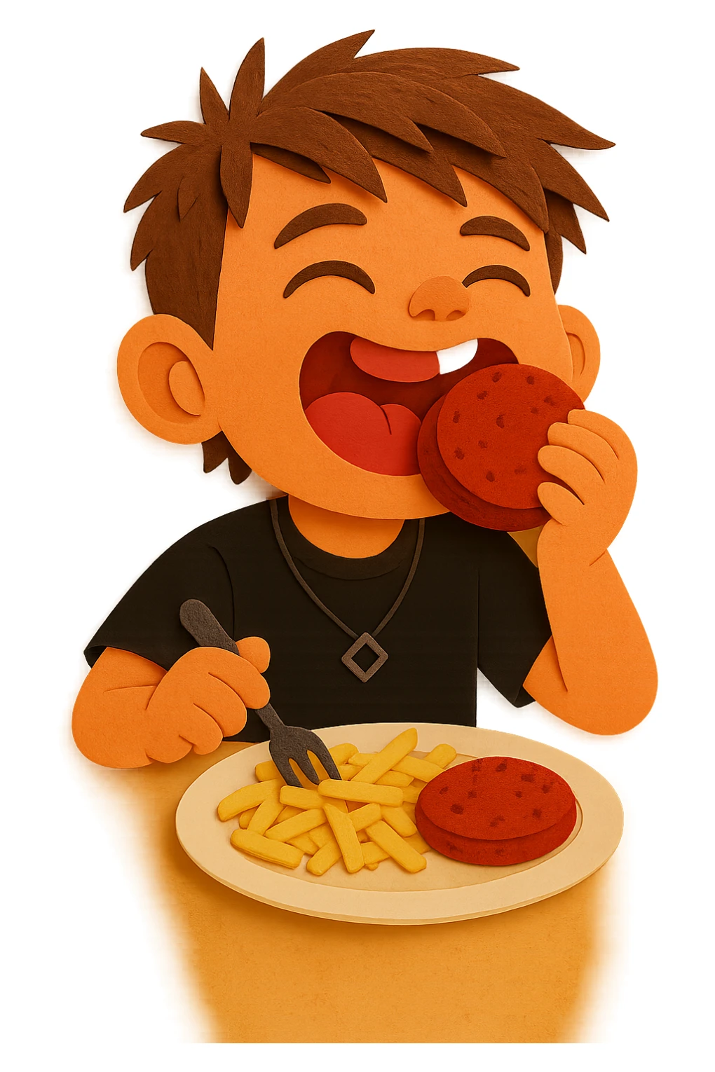 The same boy is now greedily chewing the meat patty, clearly enjoying it sticker