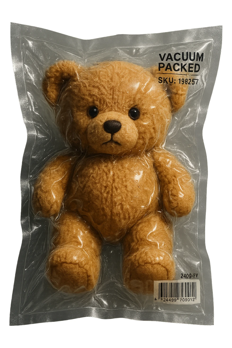 vacuum-sealed teddy bear, compressed in a clear bag sticker