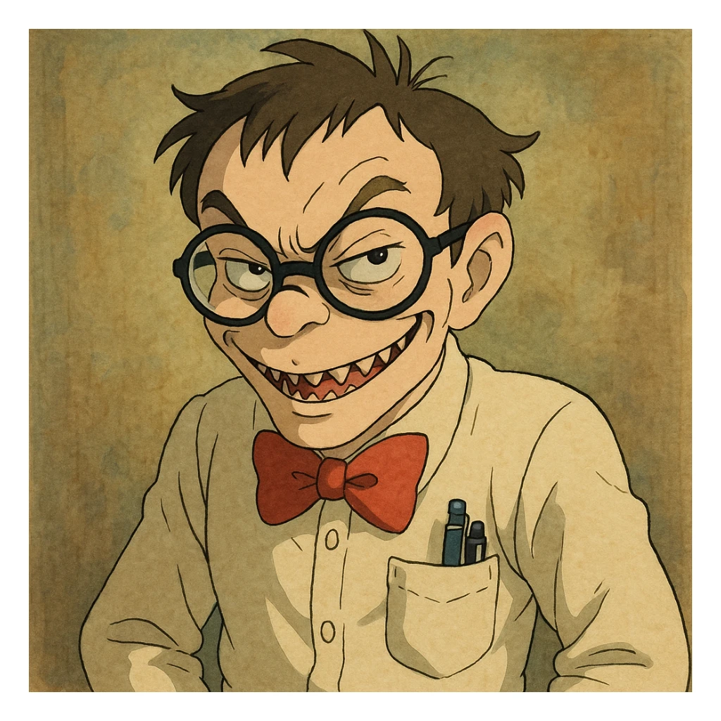 A geeky, sly character with a bowtie, pocket protector, and a wicked smirk, showing both intelligence and a naughty, vicious personality, ghibli style. sticker