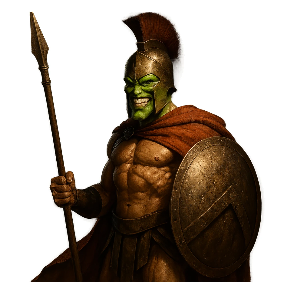 the Mask character holding a spear and shield, dressed as a Spartan from '300', dramatic lighting sticker