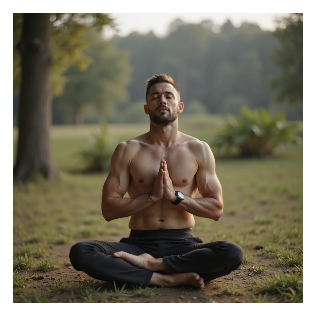 vertical photograph of a man practicing fasting to regenerate the body, serene atmosphere, man meditating in natural environment, soft light, realistic style sticker