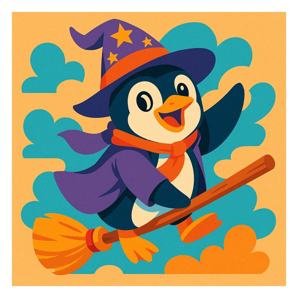 a playful penguin wizard flying on a broomstick, with a whimsical expression, vibrant fun style sticker