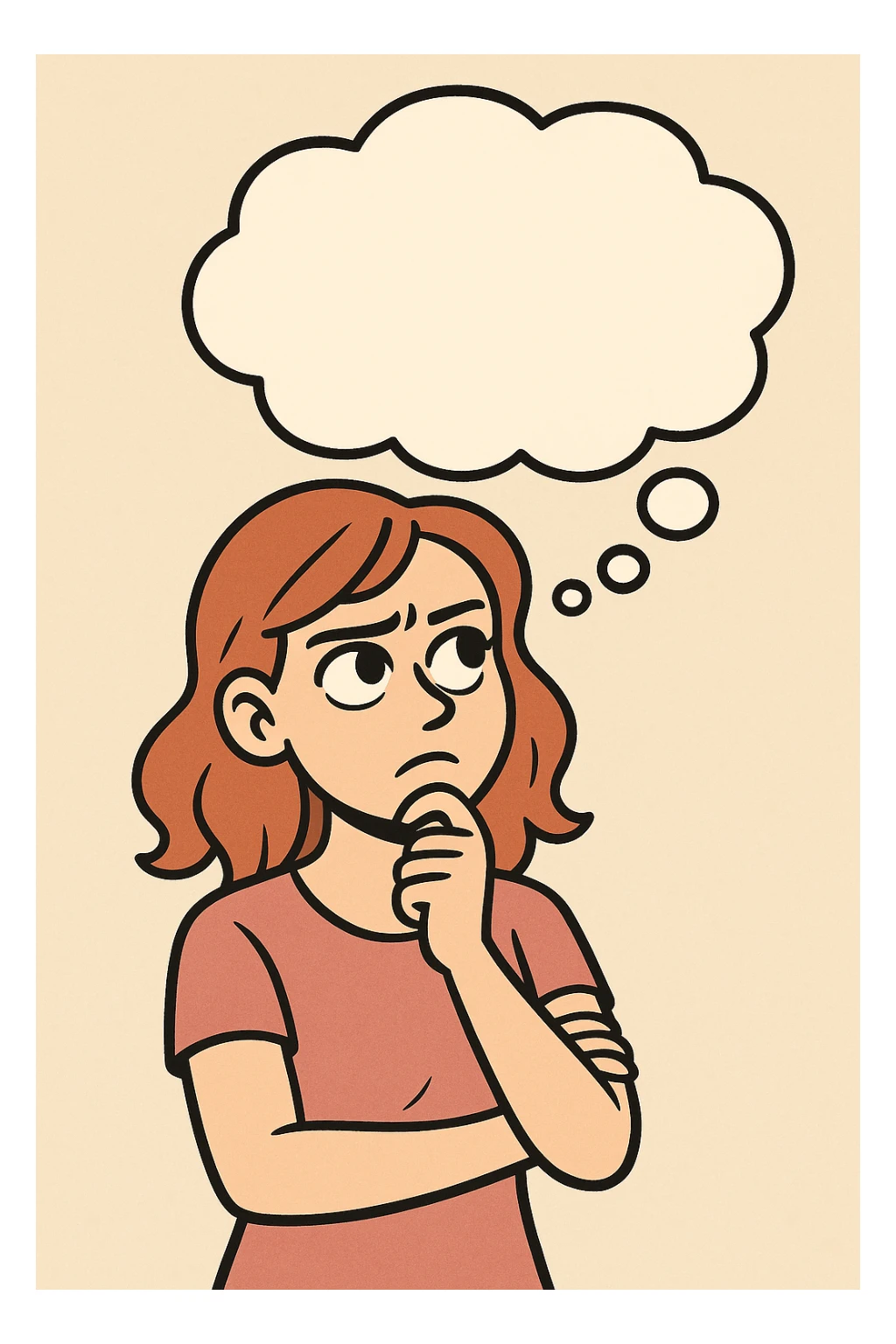 woman pondering with a thought bubble above her head, modern cartoon style sticker