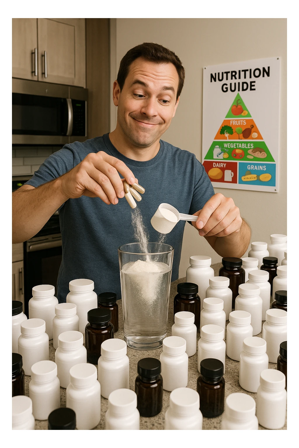 a man stands in his kitchen, enthusiastically pouring multiple supplement pills and powders into a large glass of water. The kitchen counter is cluttered with dozens of supplement bottles, and his expression is confident but slightly oblivious. In the background, a nutrition guide or food pyramid is ignored, highlighting his focus on supplements over balanced nutrition. sticker