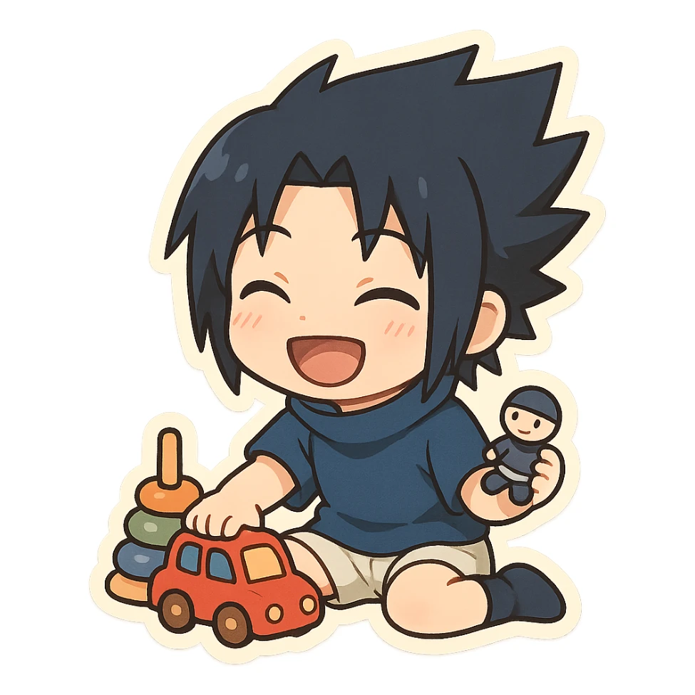 Kid Sasuke, playing with toys with a bright smile, adorable chibi sticker, innocent version of Sasuke sticker