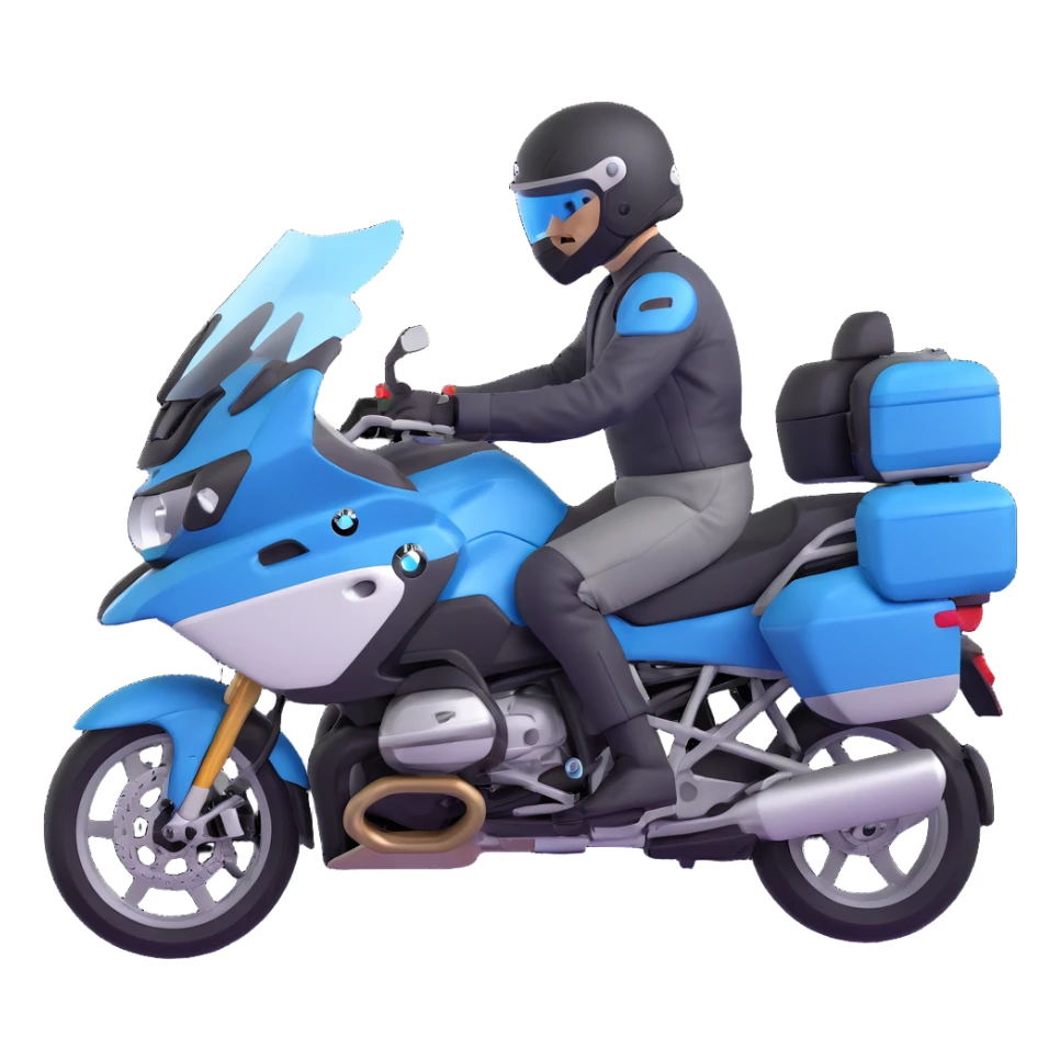 BMW R 1200 RT touring motorcycle with rider wearing helmet sticker
