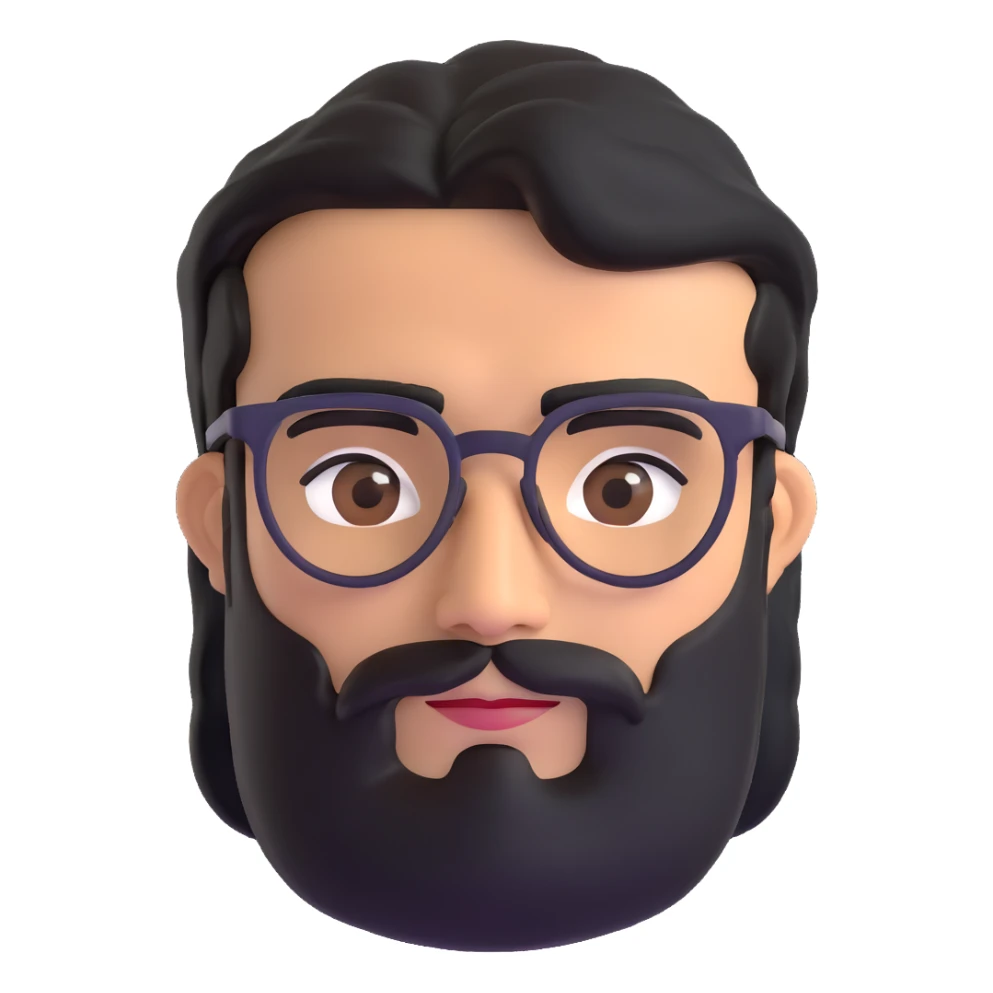 middle eastern man with medium length black beard, black hair, thick connected unibrow, tan skin, brown eyes, wearing glasses sticker