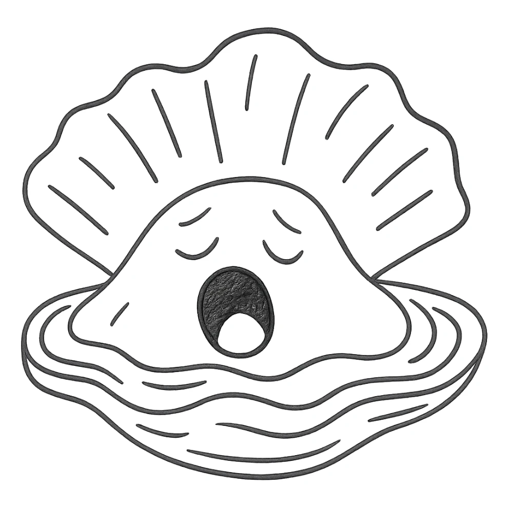 Cute oyster with a yawning expression (wide open mouth, half-closed eyes) in hand drawn style, transparent background. sticker