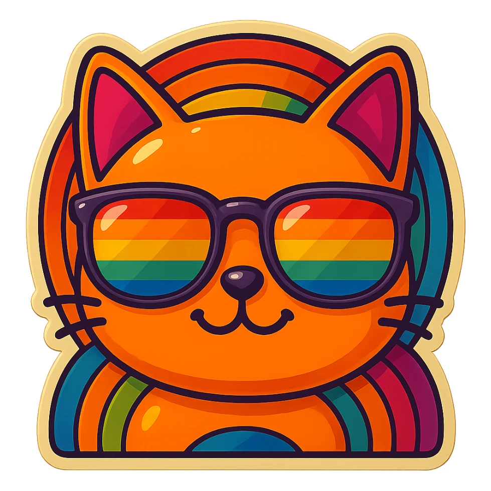Make the cat smile, keep the same retro stickers aesthetic, rainbow sunglasses, and vibrant colorful background. sticker
