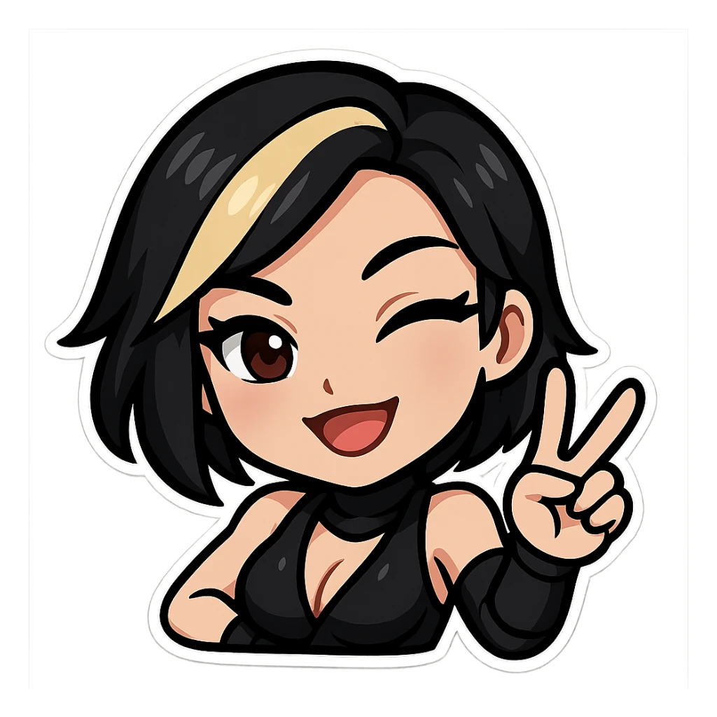 Remove any mask so her face is fully visible. Sexy chibi ninja girl with black short hair and a blonde streak, only head and arms, winking and giving a peace sign, bold outlines, sized for Twitch emoji use. sticker