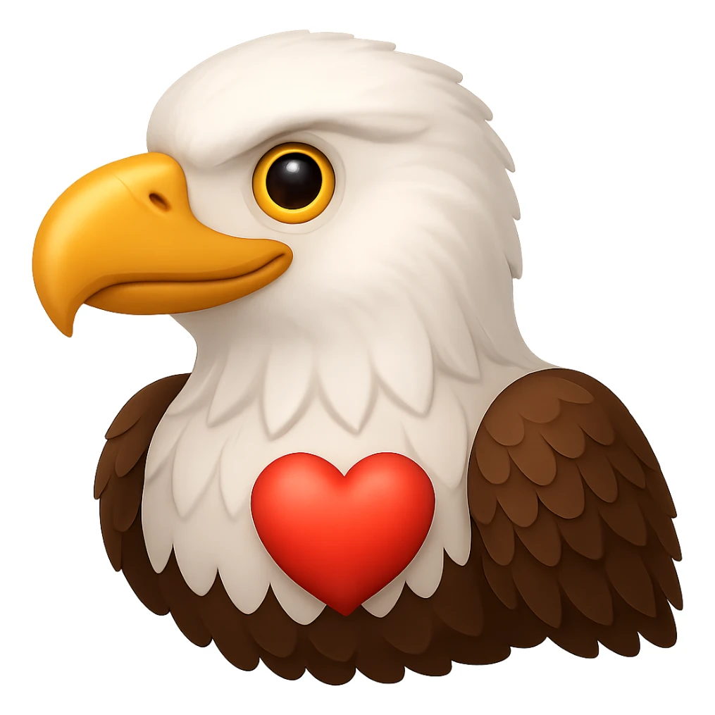 Make the eagle look friendlier while keeping the red heart, preserving the emoji style look. Remove the background. sticker