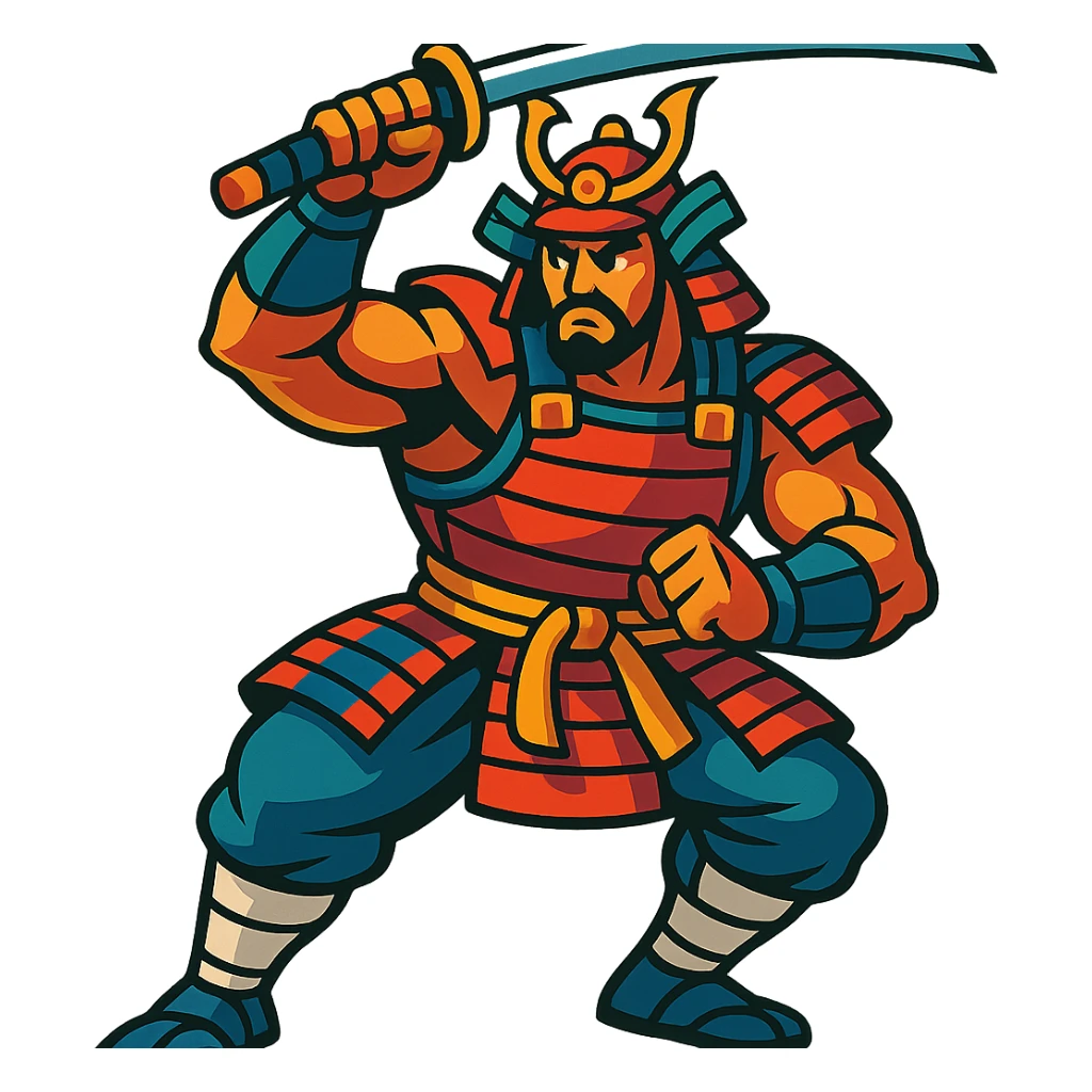 A muscular samurai with bright, lively colors and dynamic shading sticker