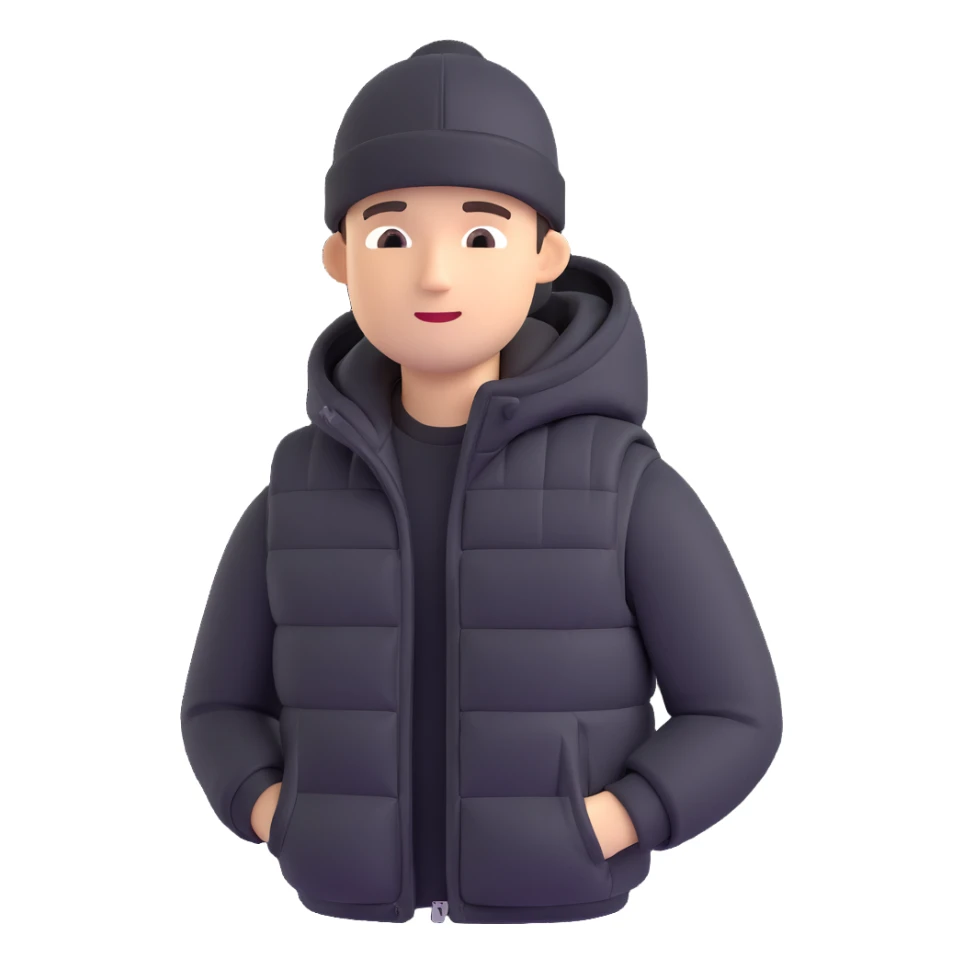 A guy in a hat, black hoodie, and a puffer vest sticker