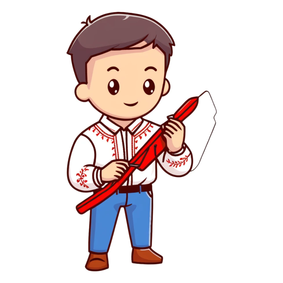 Ukrainian young man in a white embroidered traditional shirt holding a red thread with a needle and pliers sticker