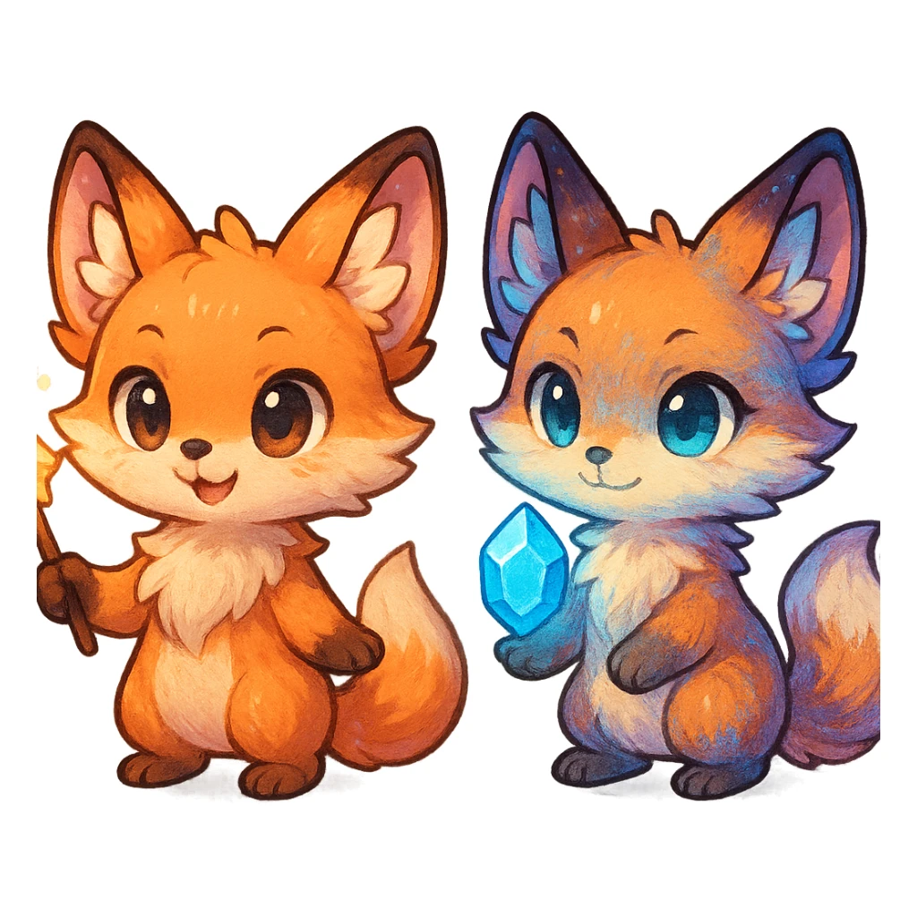 chibi anime style fox duo, both magical, one holding a glowing wand, the other with a floating crystal, cute, colorful, detailed sticker