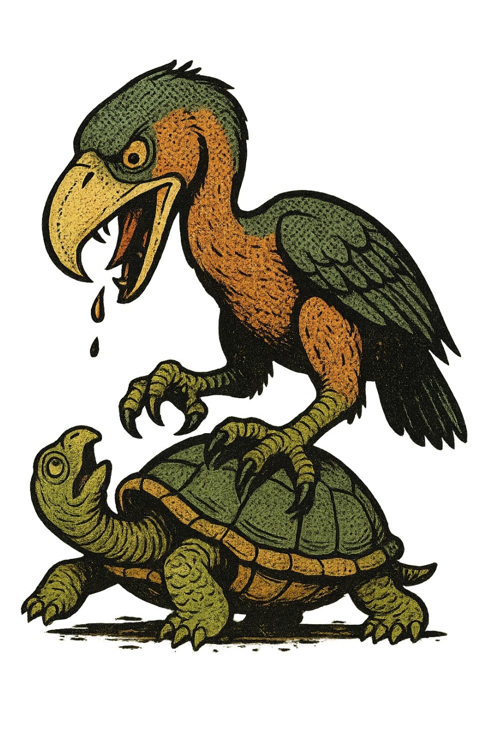 an insignia for a flag: a strange foreign alien bird creature, resembling a prehistoric phorusrhacos, gripping a upturned tortoise with a claw with its' beak tearing down into it
 sticker