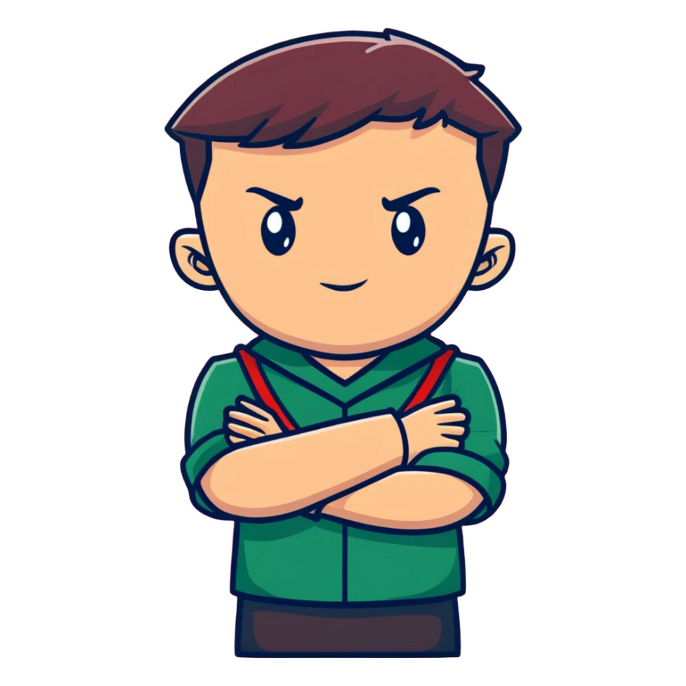 Furious Slytherin student Graham with arms crossed wearing house uniform sticker
