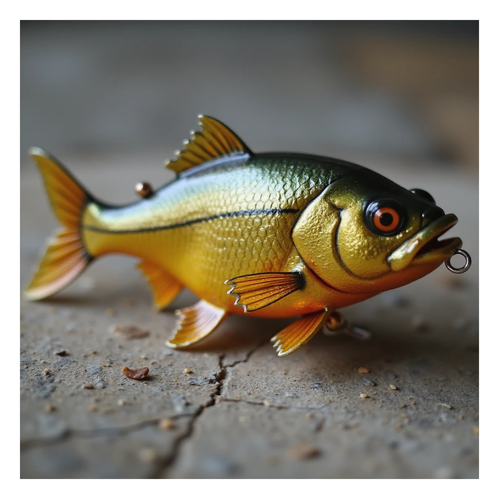 golden fish bait, realistic, metallic shine, detailed sticker