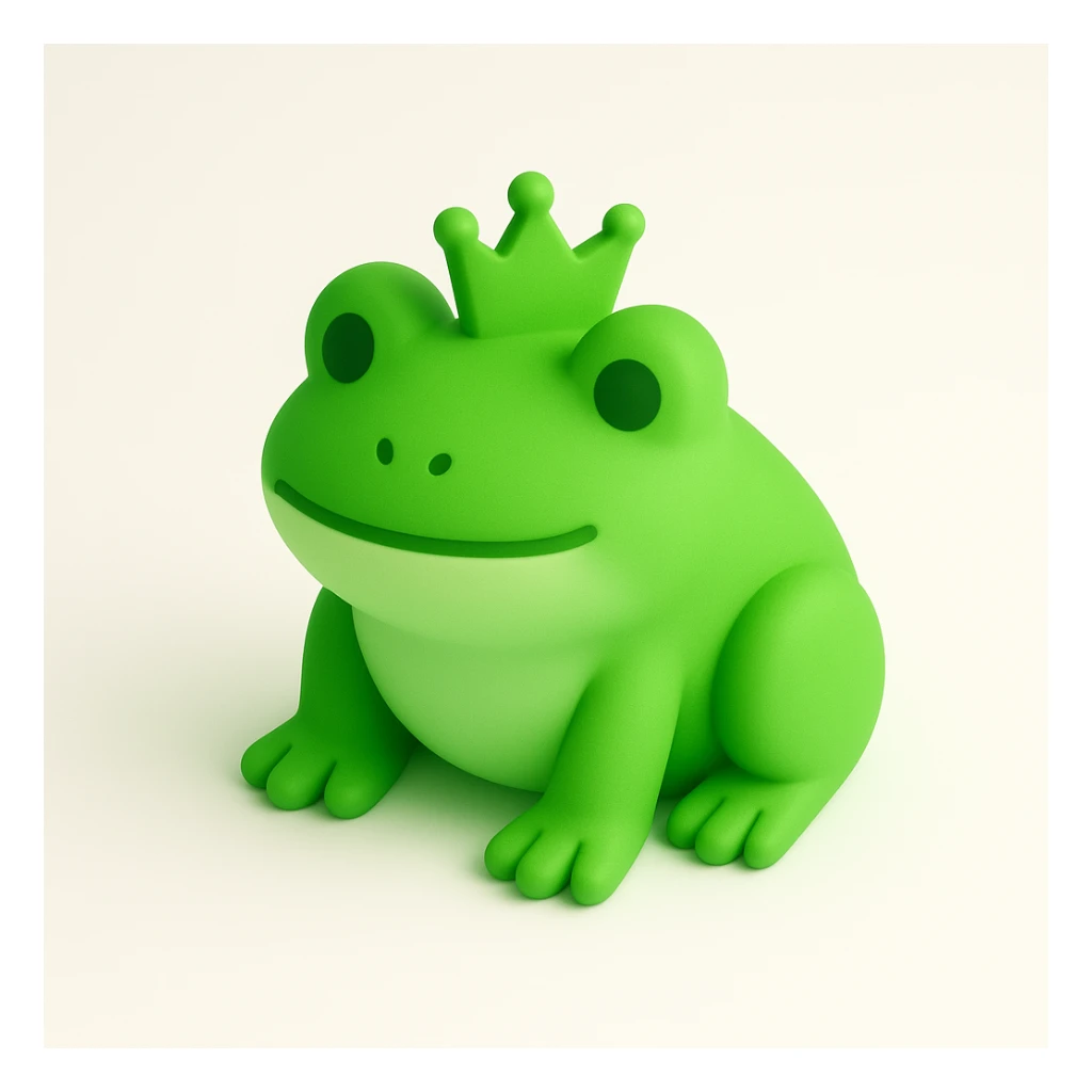 green 3D frog wearing a tiny crown sticker