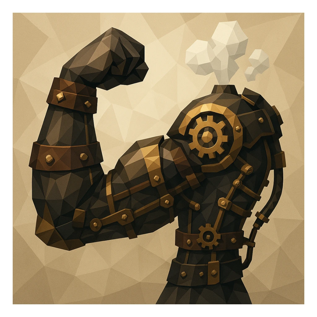 steampunk cyborg arm flexing, leather straps, brass details, steam and gear accents, intricate mechanical design, Victorian industrial aesthetic sticker