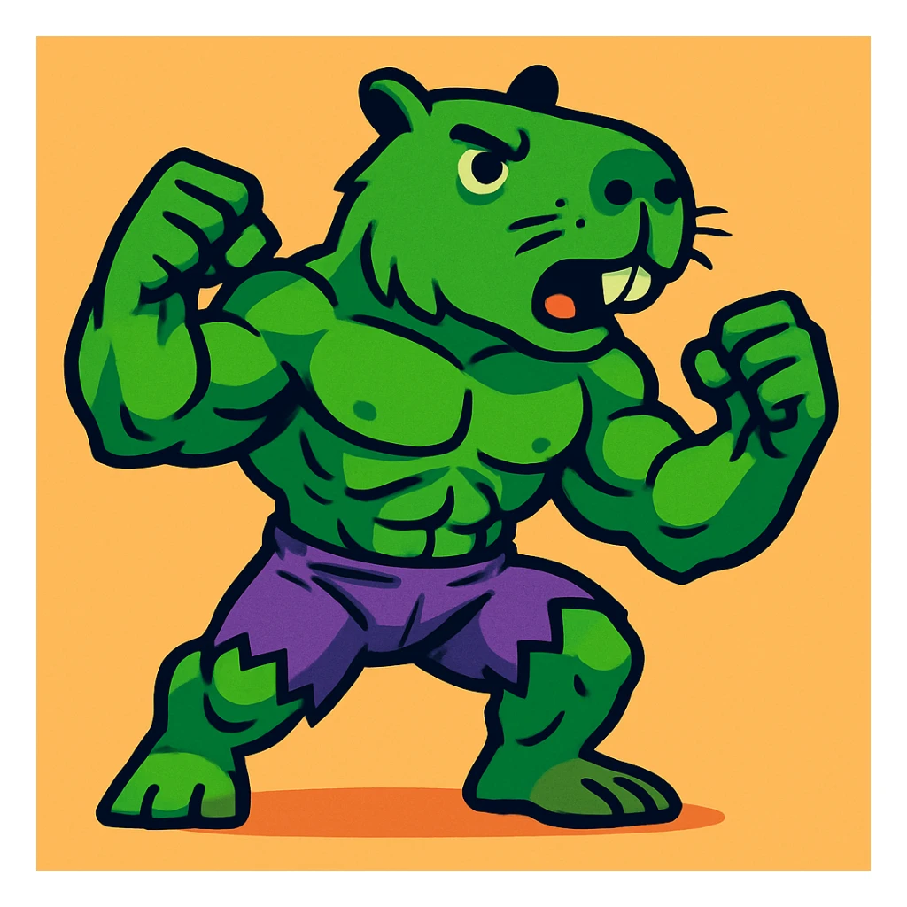 a capybara with the Hulk's body, ripped muscles, green skin, expressive face sticker