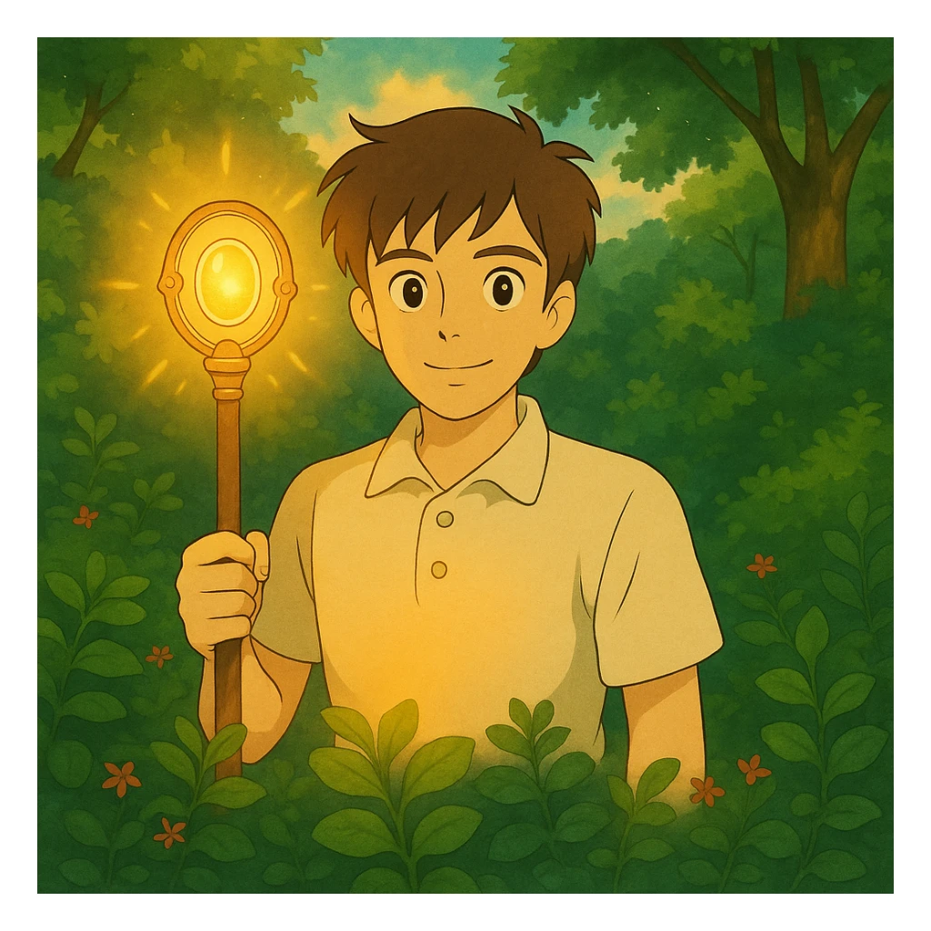 Add a magical item, such as a glowing staff or enchanted amulet, to Tom in Ghibli style, keeping the dreamy background and soft lighting. sticker