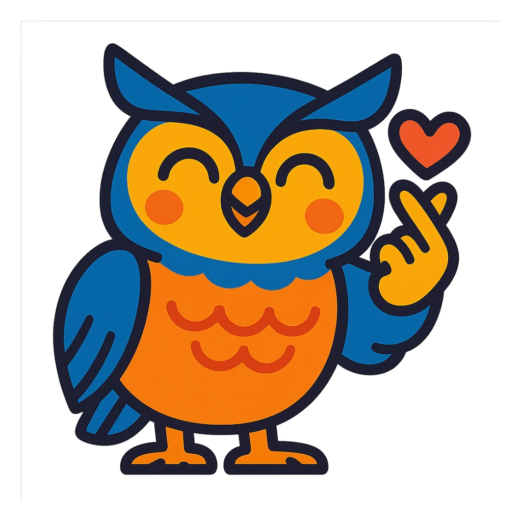 a wise owl smiling and making the saranghae (Korean finger heart) sign, visually appealing style, vibrant colors sticker