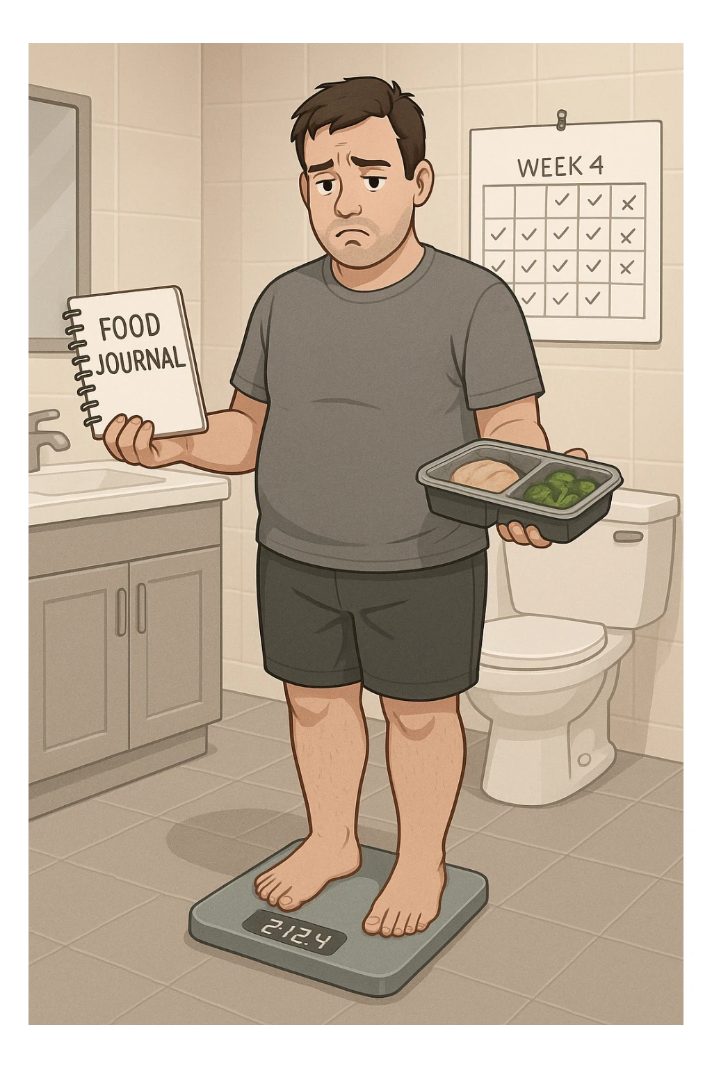Man in his 30s standing on a bathroom scale, looking disappointed and confused. He holds a food journal and a meal prep container, clearly following a diet. Behind him, a calendar marked with weeks of effort. His body looks the same as before — no visible change. Expression: frustration, lack of motivation. Clean, modern bathroom setting with neutral tones. Digital scale showing the same number as before. Subtle emotional tone: discouragement sticker