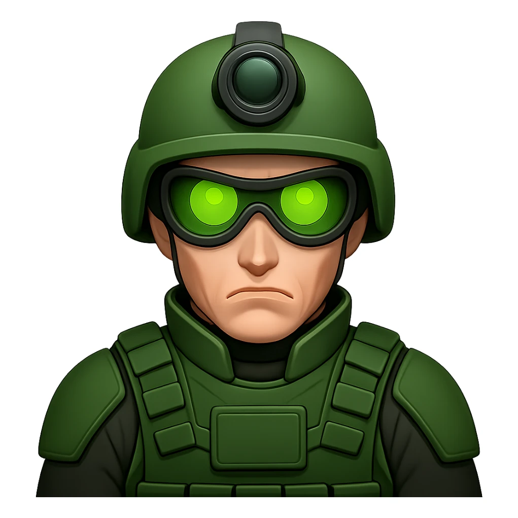 Make the white-skinned male soldier look even cooler and more intimidating, wearing stylish green gear, a distinctive modern helmet, and night vision goggles. Render in emoji style with no background (transparent). sticker
