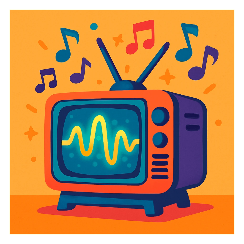 A vintage CRT TV with a glowing waveform, musical notes drifting upward, energetic and fun, vibrant toon style sticker