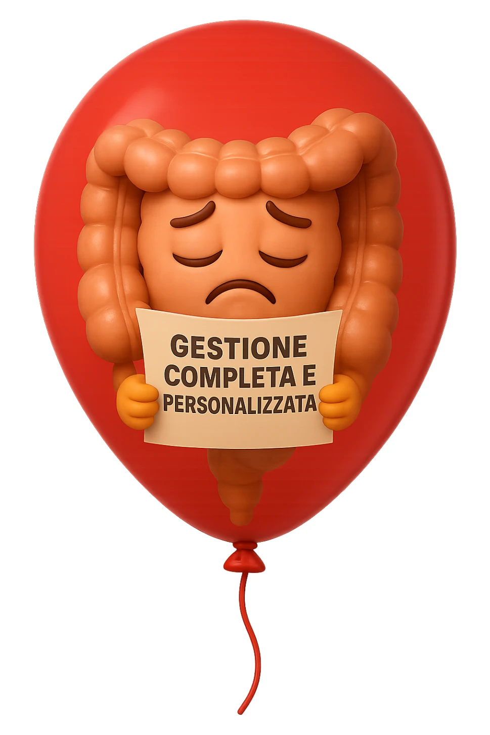 EMOJI STILE IPHONE 3D DI INTESTINO 3D CON ESPRESSIONE TRISTE  IN VOLTO CHIUSO IN UN PALLONCINO ROSSO, FAGLI ANCHE LA PARTE BIANCA DEGLI OCCHI, NON SOLO LA PUPILLA sticker