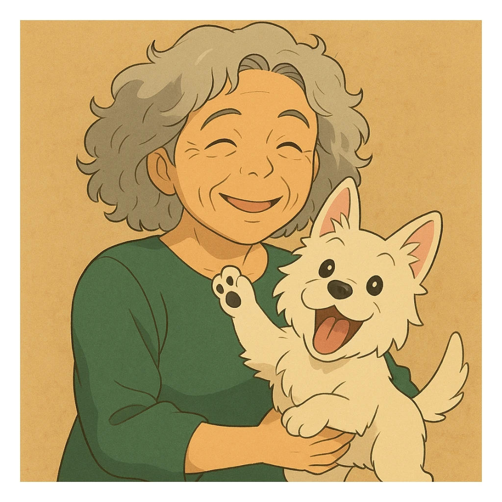 Make the Westie dog playful, with a joyful pose or playful look, keep the 50-year-old lady with silver curly hair smiling sticker
